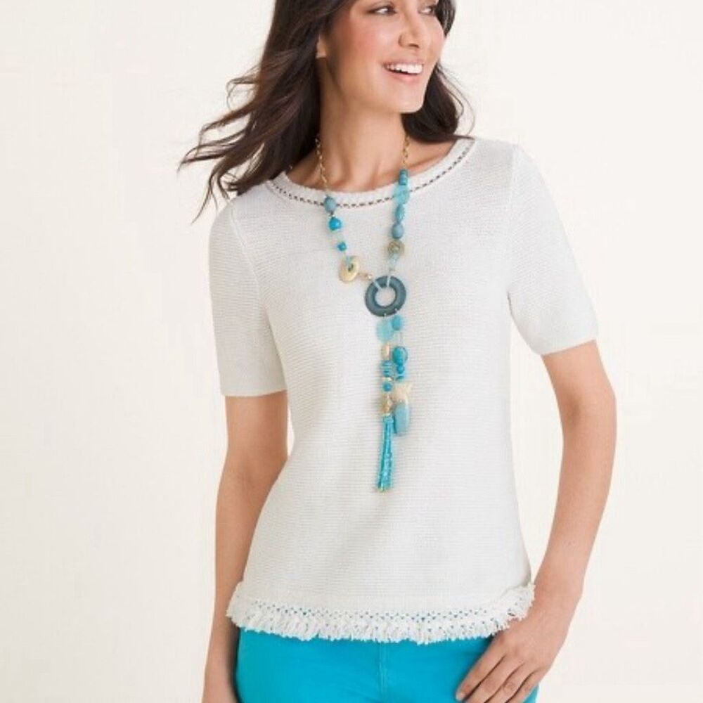 Chico’s size small short sleeve waffle knit fringe bottom boxy sweater.Open knit